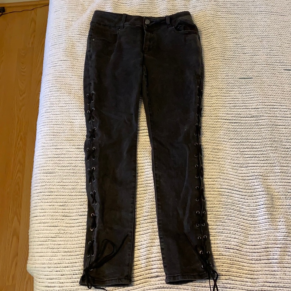 High Waisted Black Lace Up Jeans